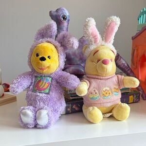 Two Winnie the Pooh Easter bunny bears purple pink yellow bee